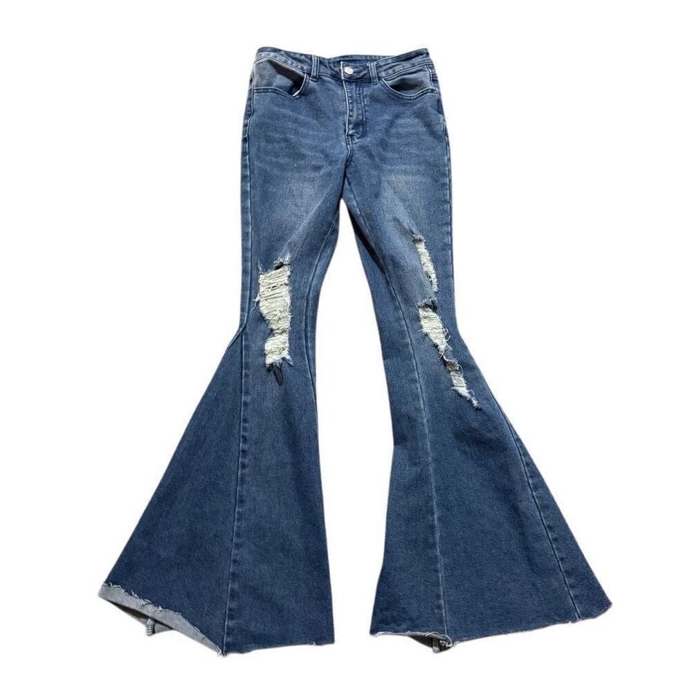 Saints & Hearts medium wash high rise flared jeans raw hem size small